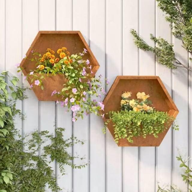 Berkfield Home Rusty Corten Steel Wall Planters, 2 Pack, Brown, W: 46 cm, D: 10 cm, H: 40 cm