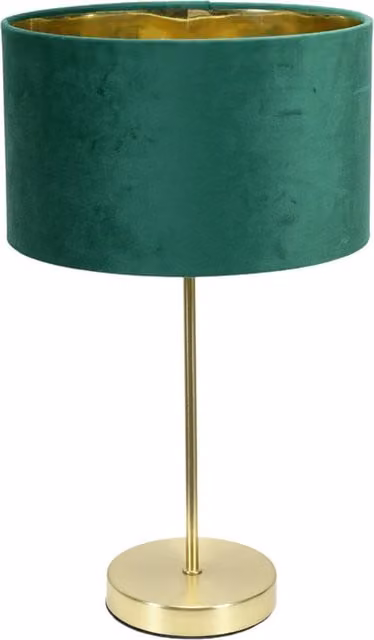 ValueLights Charlie Gold Stem Table Lamp in Green Velvet with Gold Inner Shade and Bulb
