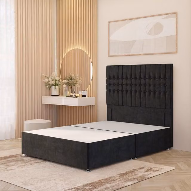 Somnior Beds Ltd Lexington Divan Bed Base with 54 inch Floor Standing Headboard in Black Plush Velvet, W/D/H: 90 x 190 x 34.5 cm
