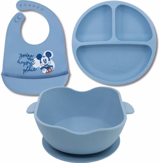 Mickey Mouse Baby Silicone Divided Plate and Bib Set in Baby Blue, BPA-Free