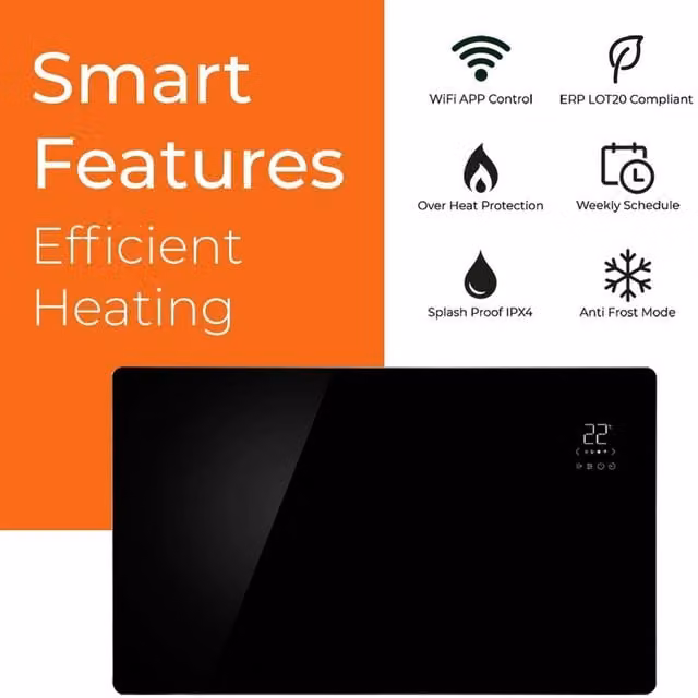 SolAire Vitra Wifi Electric Glass Panel Convector Heater in Black