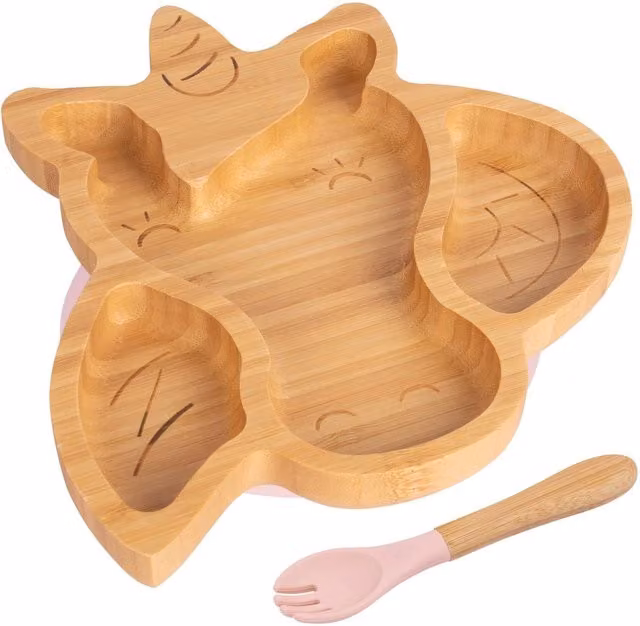 Tiny Dining Bamboo Divided Toddler Weaning Plate and Fork Set in Baby Pink with Unicorn Design