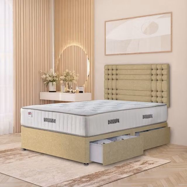 Somnior Beds Ltd Saville Upholstered Linen Divan Bed Set with Headboard and Drawers in Beige, W/D/H: 90 x 190 cm
