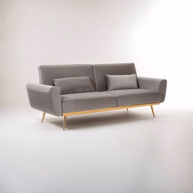 Interiors by Premier Orsina Mid-Century Velvet 2 Seater Sofa Bed in Grey with Gold Accents and Scatter Cushions