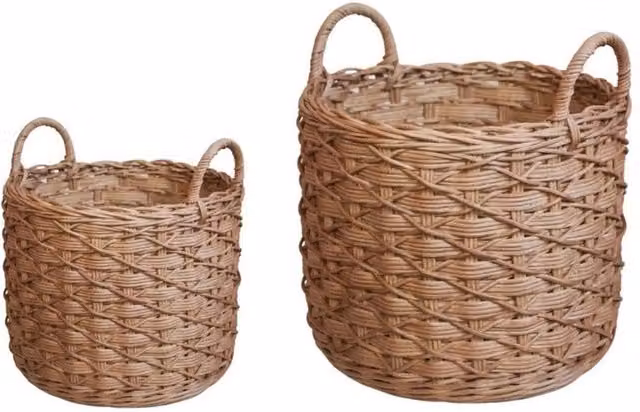 Lemon Pavilion Brown Woven Round Rattan Log Baskets with Handles, Set of 2