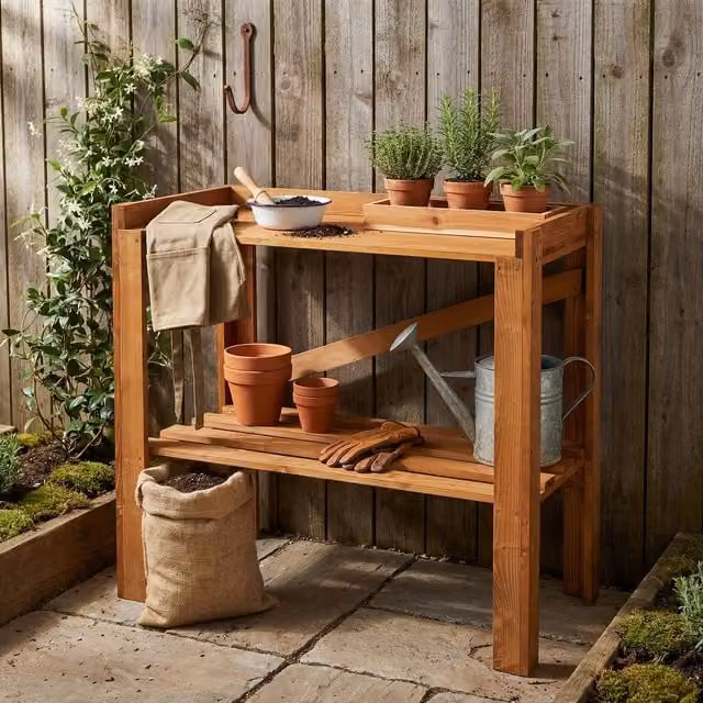 Rustic Brown Pine Potting Table with Solid Rectangular Top and Waxed Finish