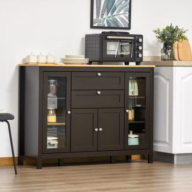 HOMCOM Modern Freestanding Storage Cabinet with 4 Doors and 2 Drawers in Black and Brown