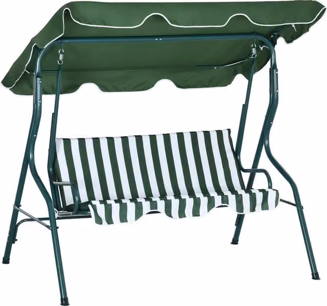Outsunny 3 Seater Waterproof Garden Swing Seat with Adjustable Canopy and Metal Frame, Green Stripes