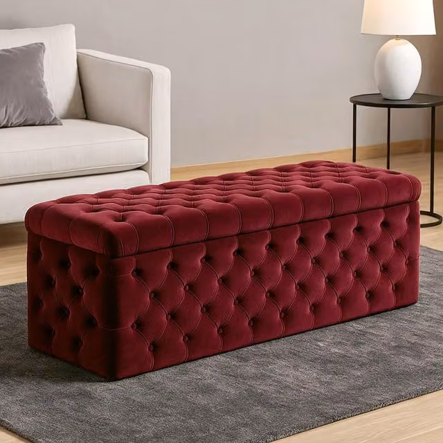 R&M Furnishers Wide Lux Chesterfield Ottoman Storage Box in Emerald Green or Red Velvet