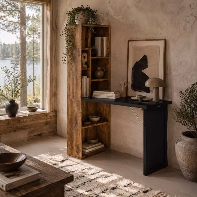 Wyld Haus Codi Secretary Desk in Rustic Brown with Folding Top, Blackboard Panel and Side Shelving, W/D/H: 98 x 51 x 62 cm