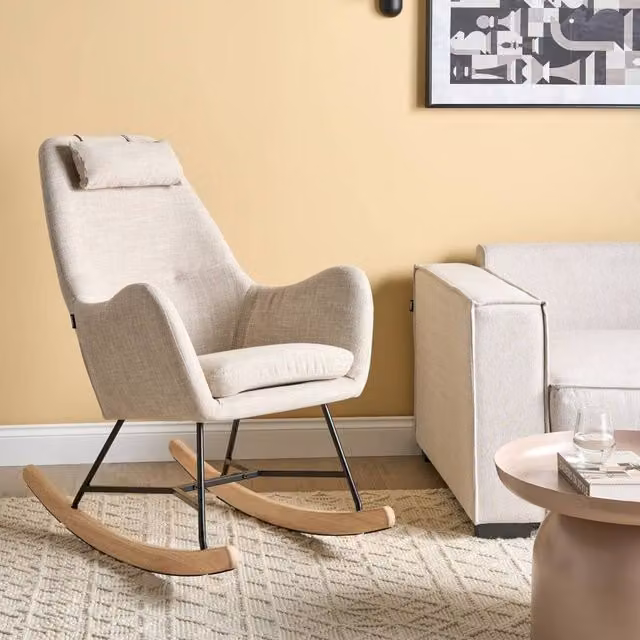 Wyld and Coco Beige Fabric Modern Rocking Chair with Rubberwood Frame and Armrests
