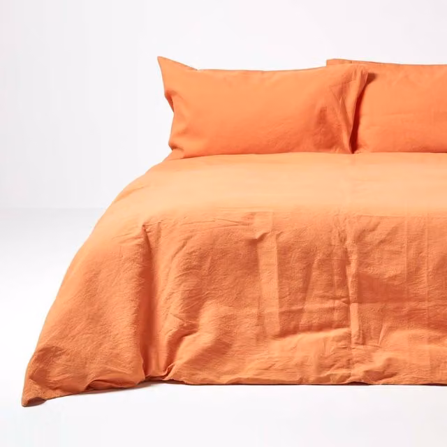 Homescapes Linen and Combed Cotton Duvet Cover Set with Pillowcase, Orange, W: 200 cm x H: 200 cm
