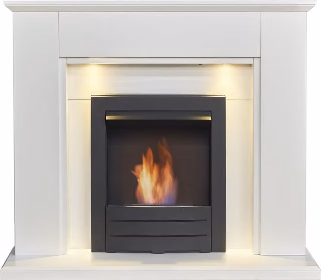 Adam Fires & Fireplaces Eltham Wall Mounted Fireplace in Pure White with Downlights and Colorado Black Bio Ethanol Burner, 45 Inch, Grey
