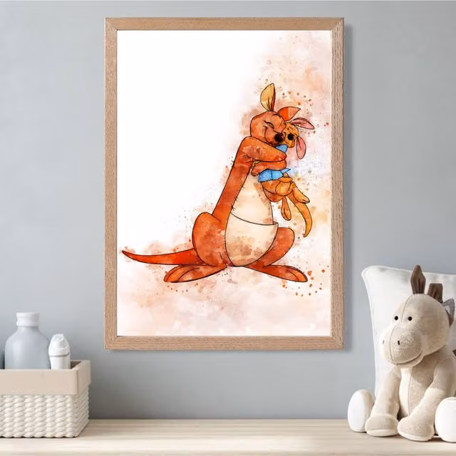 ARTZE Kanga and Roo Winnie the Pooh Watercolour Art Print with Oak Frame, Orange, A4