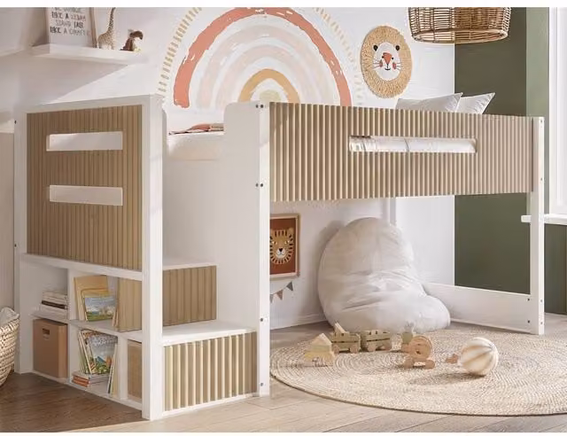 Flair Luca Ribbed Mid Sleeper Bed in Light Oak with Stairs and Side Compartments, Single