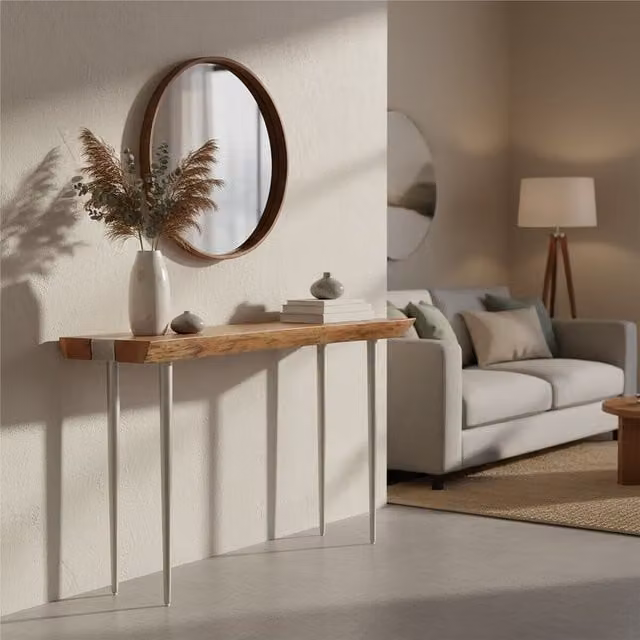Orsina Rustic Acacia Wood Console Table with Silver Metal Legs, Rectangular Live Edge Hallway Table, W/D/H: 124 x 33 x 76 cm