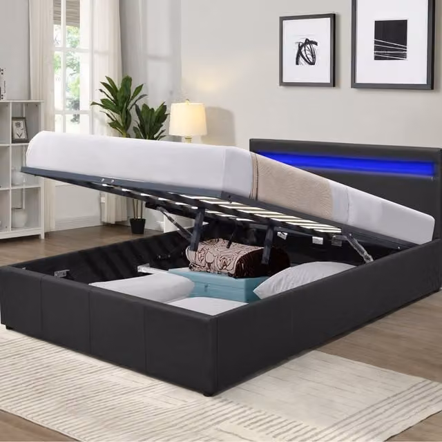 Comfy Living Modern Faux Leather Gas Lift Ottoman Bed Frame with LED Under-Bed Lighting, Black, W/D/H: 140 x 200 cm