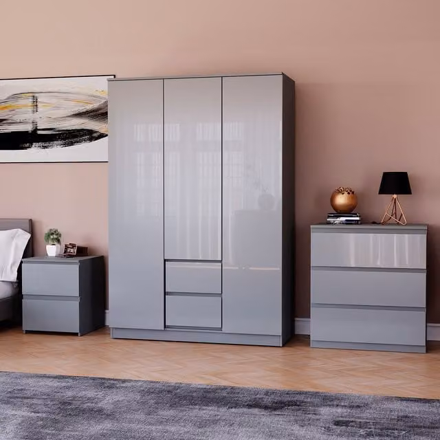 Vida Designs Glinton 3 Piece FSC Modern Glossy Bedroom Set in Grey, including Wardrobe, Chest of Drawers and Nightstand