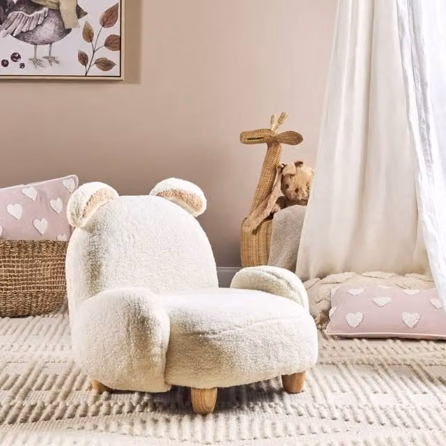 Wyld and Coco Rabbit-Shaped Kids Armchair in White Boucle with Rubberwood Frame, W/D/H: 65 x 51 x 45 cm