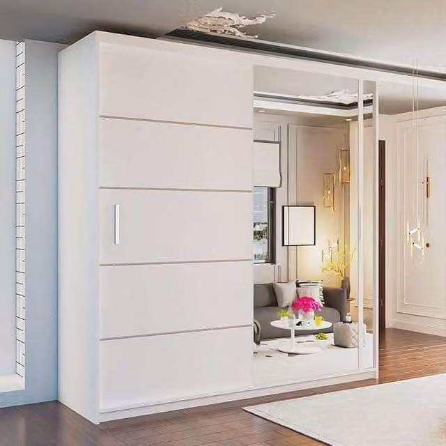 MN Furniture Modern White Double Door Sliding Mirror Wardrobe with Integrated LED Lighting W: 180 cm, H: 217 cm
