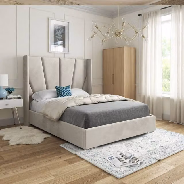 KDMD Glapthorn Wide Curved Designer Bed Frame in Beige Soft Velvet, Size: Single (90 x 200 cm)