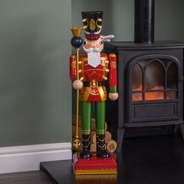Samuel ALEXANDER Light Up Christmas Nutcracker Soldier Wooden Decoration, Red, Green and White, Height: 80 cm