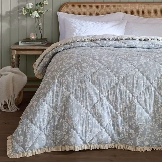 Wylder Amelia Floral Quilted Cotton Bedspread with Ruffle Valance in Blue