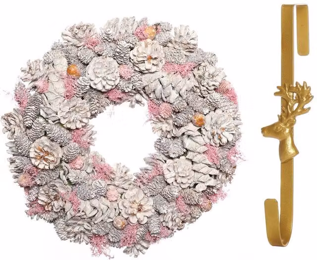 Dibor Pink and Silver Pinecone Christmas Wreath with Deer Hanger, Diameter: 39 cm