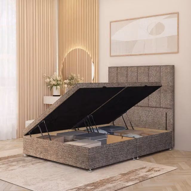 Somnior Beds Ltd Austin Tweed Fabric Solid Wood Ottoman Bed with Floor Standing Headboard, Brown, W/D/H: 120 x 200 x 123 cm (Height: 193 cm)