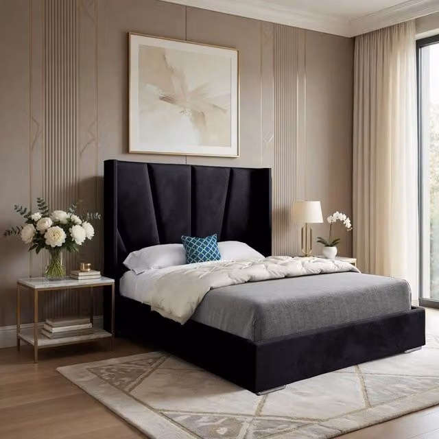 Casani Falmouth King Size Upholstered Designer Bed Frame in Black Soft Velvet