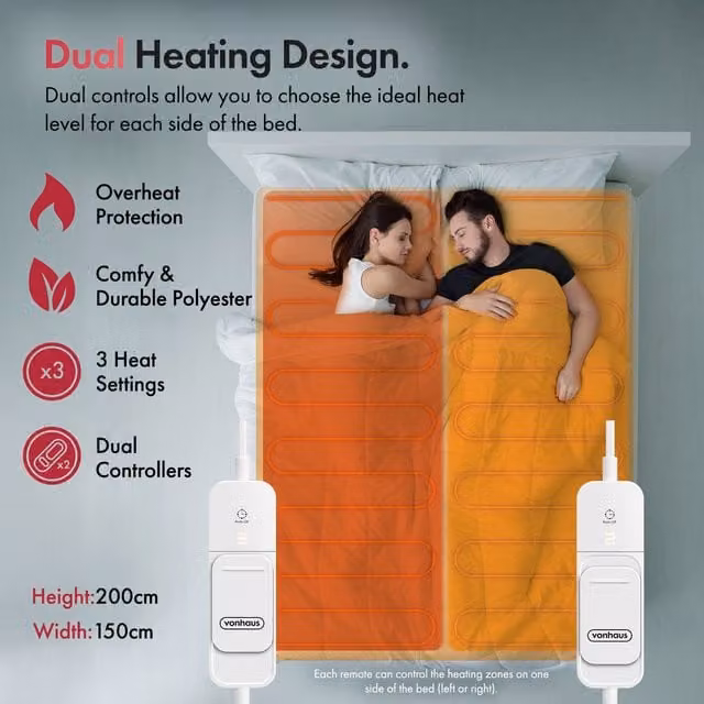 VonHaus Electric Heated Under Blanket in White, W/D/H: 180 x 200 cm