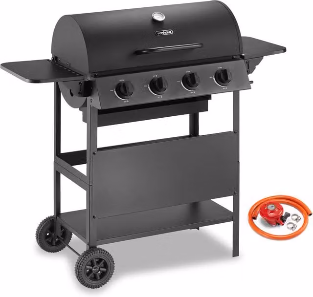 VonHaus 4-Burner Gas BBQ in Black with Thermometer and Warming Rack