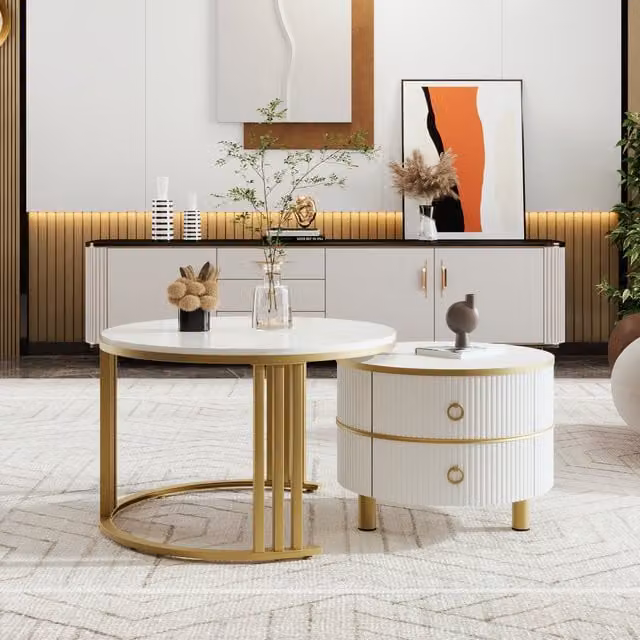 Home Touch Interiors Set of 2 Round Nest Coffee Tables with Glass Tops in White and Brown