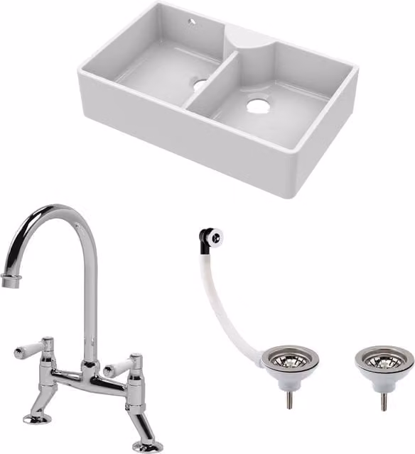 Balterley White Ceramic 2 Bowl Stepped Weir Butler Kitchen Sink W/89.5 cm