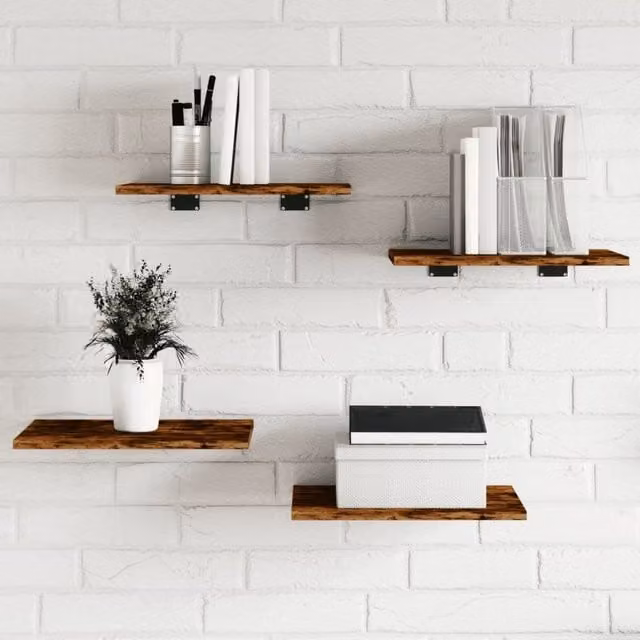 Berkfield Home Set of 4 Wall Mounted Shelves in Smoked Oak Brown, W: 40 cm, D: 30 cm, H: 1.5 cm