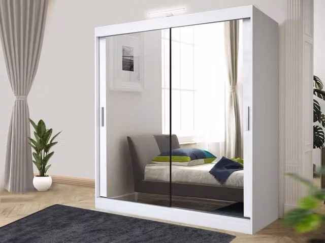 RAC3 Modern White Sliding Mirror Wardrobe with Integrated LED Lighting and Drawers, Width: 150 cm