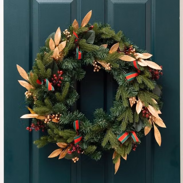 Scottish Everlastings Ltd Traditional Round Christmas Wreath with Gold Leaves in Green, Diameter: 60 cm