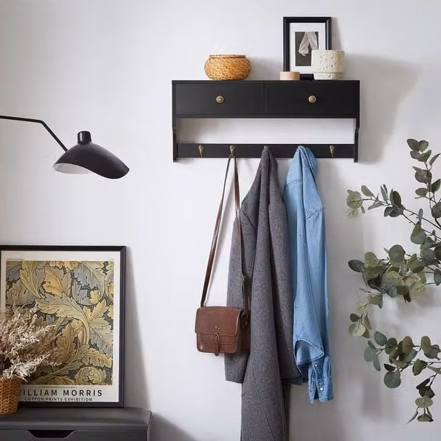 SoBuy Modern Wall-Mounted Coat Rack with Dual Drawers and Shelf in Black, W: 60 cm, D: 15 cm