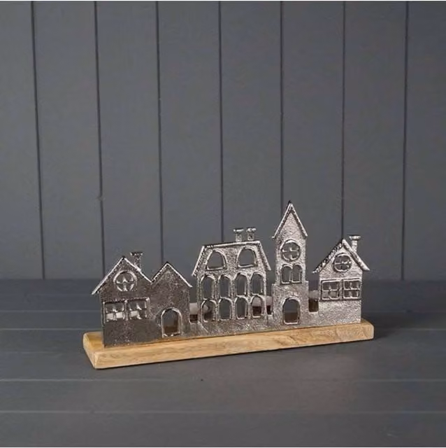 KDMD Silver Festive Metal Townscape Tealight Holder