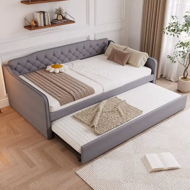 Aosom UK Grey Upholstered Double Daybed with Pull-Out Trundle and Foam Padding, W/D/H: 139.5 x 202 x 81.5 cm