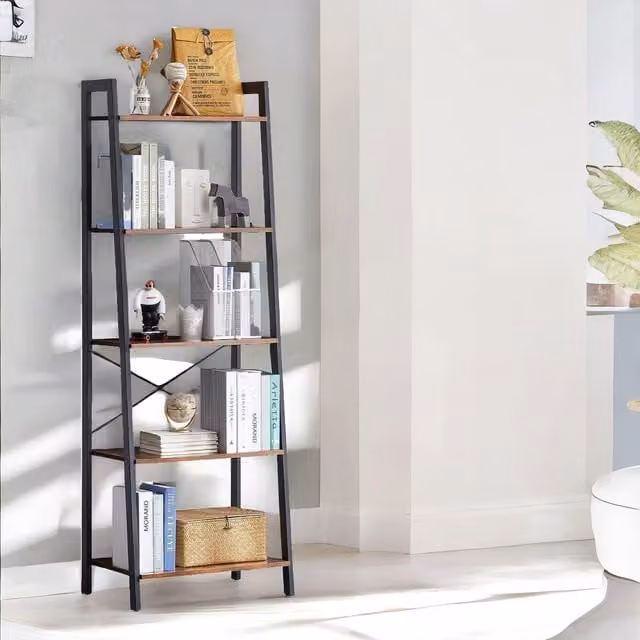 Rafaelo Mobilia 5 Tier Free Standing Ladder Shelf for Living Room Storage, Rustic Brown, H 171.0 x W 60.0 x D 39.5 cm
