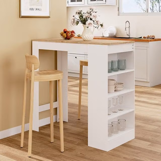 Komore Modern Rectangular Bar Table with Serving Tiers in White and Brown Wood