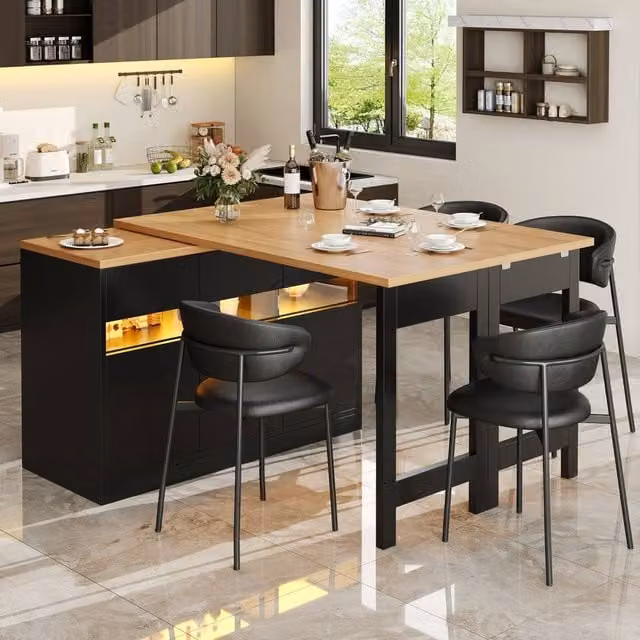 Merax Black Extendable Kitchen Island Bar Table with LED Lights and Rotating Drop Leaf Top