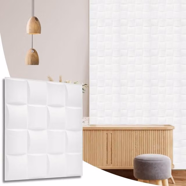 NOVECRAFTO Matte White 3D PVC Wall Panels with Square Geometric Lattice Design, W/D/H: 50 x 50 x 0.25 cm