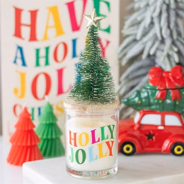 KDMK Holly Jolly Pine Fir Glass Votive Candle with Tree Festive Tabletop Decor, White