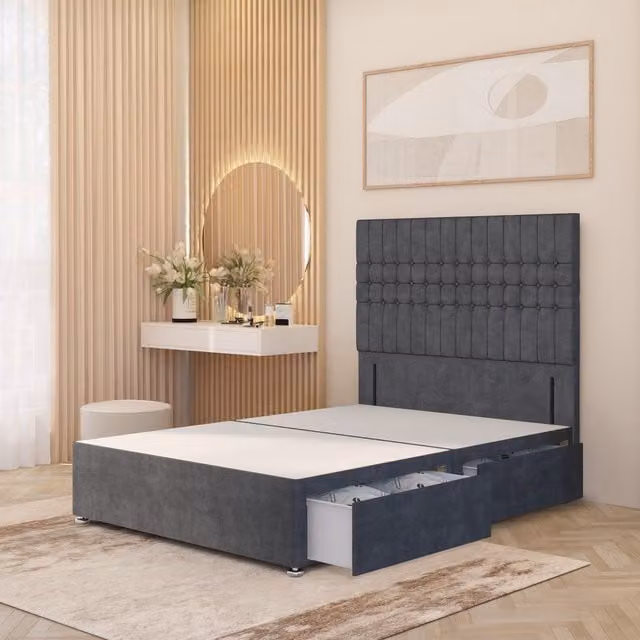 Somnior Beds Ltd Lexington Divan Bed Base with 54 inch Floor Standing Headboard in Charcoal Plush Velvet, Small Single, W/D/H: 90 x 190 cm