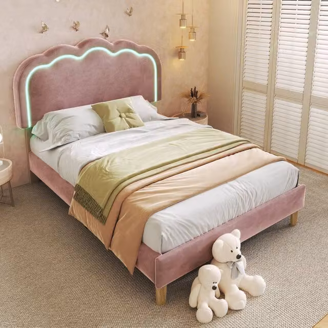 Rolipo Pink Velvet Single Bed Frame with Adjustable LED Headboard and Integrated Reading Light, W/D/H: 90 x 190 cm