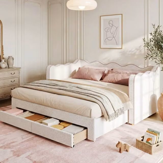 Merax Beige Bouclé Upholstered Extendable Single Daybed with Trundle, Drawers and USB Charging Port, W/D/H: 90 x 190 x 74 cm