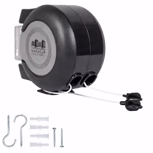 Harbour Housewares Retractable Dual Cord Washing Line in Black, 2 x 15m UV-Resistant PVC Clothesline