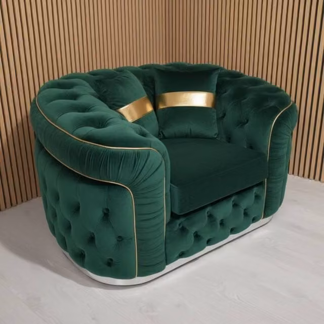 Stratus Interiors Ambassador Chesterfield Sofa in Green Plush Velvet with Gold Trim